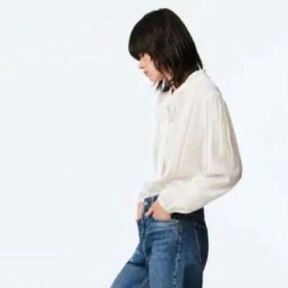 ZARA ROMANTIC LACE INSERT LANTERN SLEEVE TIE NECK BLOUSE - Picture 6 of 8